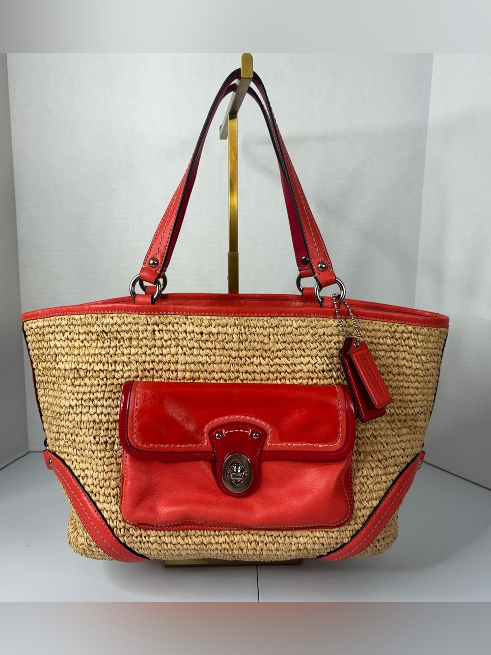 Coach Natural Straw Pocket Tote Tangerine Orange Leather